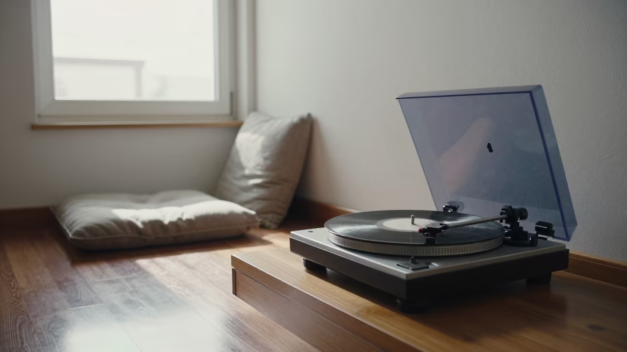 Record Player Spinning in Asuncion Nook in on a reading nook cushion near Asuncion
