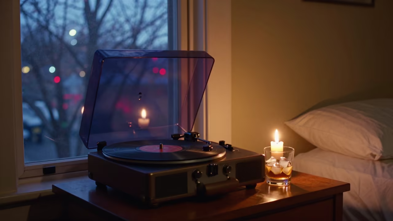 Record Player and Whisky in Candlelit Cincinnati Bedroom in in a candlelit bedroom in Cincinnati