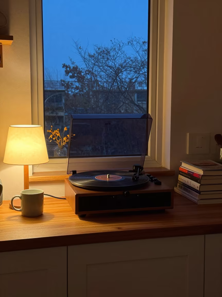 Record Player in Wuhan Kitchen Twilight in in a cozy kitchen in Wuhan