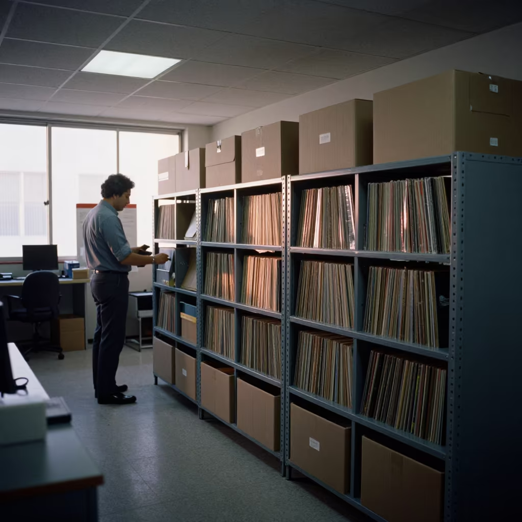 Records Archive Shelf Under Recessed Light in in an operations center under monitor glow in Aguascalientes