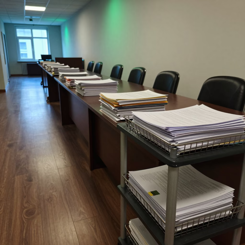 Records Cart at Twilight Boardroom Table Bishkek in at a boardroom table before a meeting near Bishkek