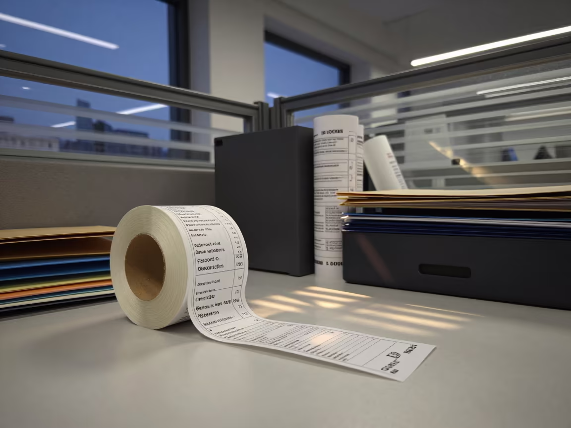 Records Destruction Label Roll in Shanghai Office in inside an open-plan office bay near Shanghai