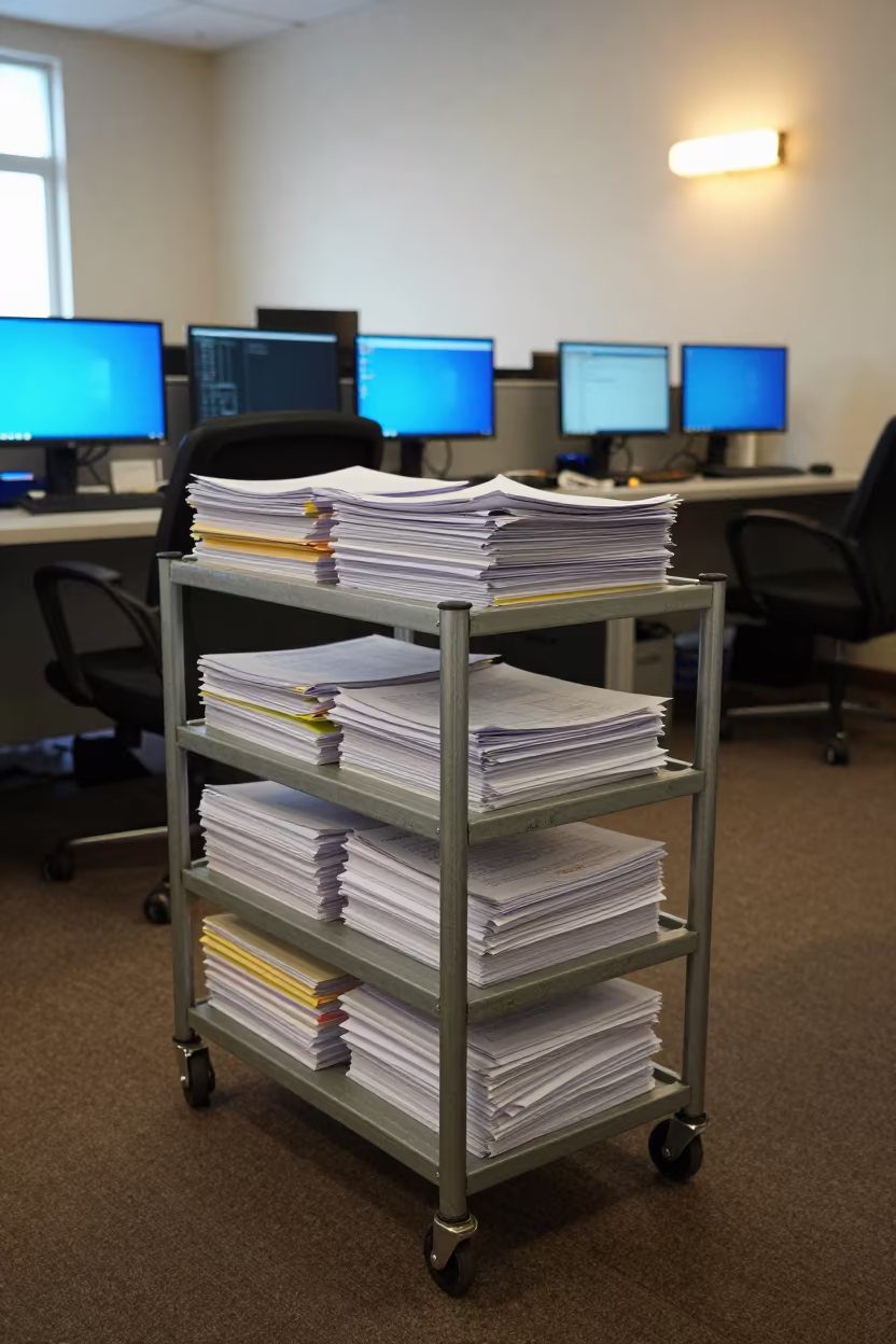 Records Scan Cart in Enugu Operations Center in in an operations center under monitor glow near Enugu