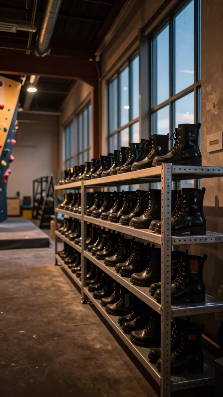 Recovery Boot Charging Shelf Night Gym in inside a climbing gym warmup zone in Salt Lake City