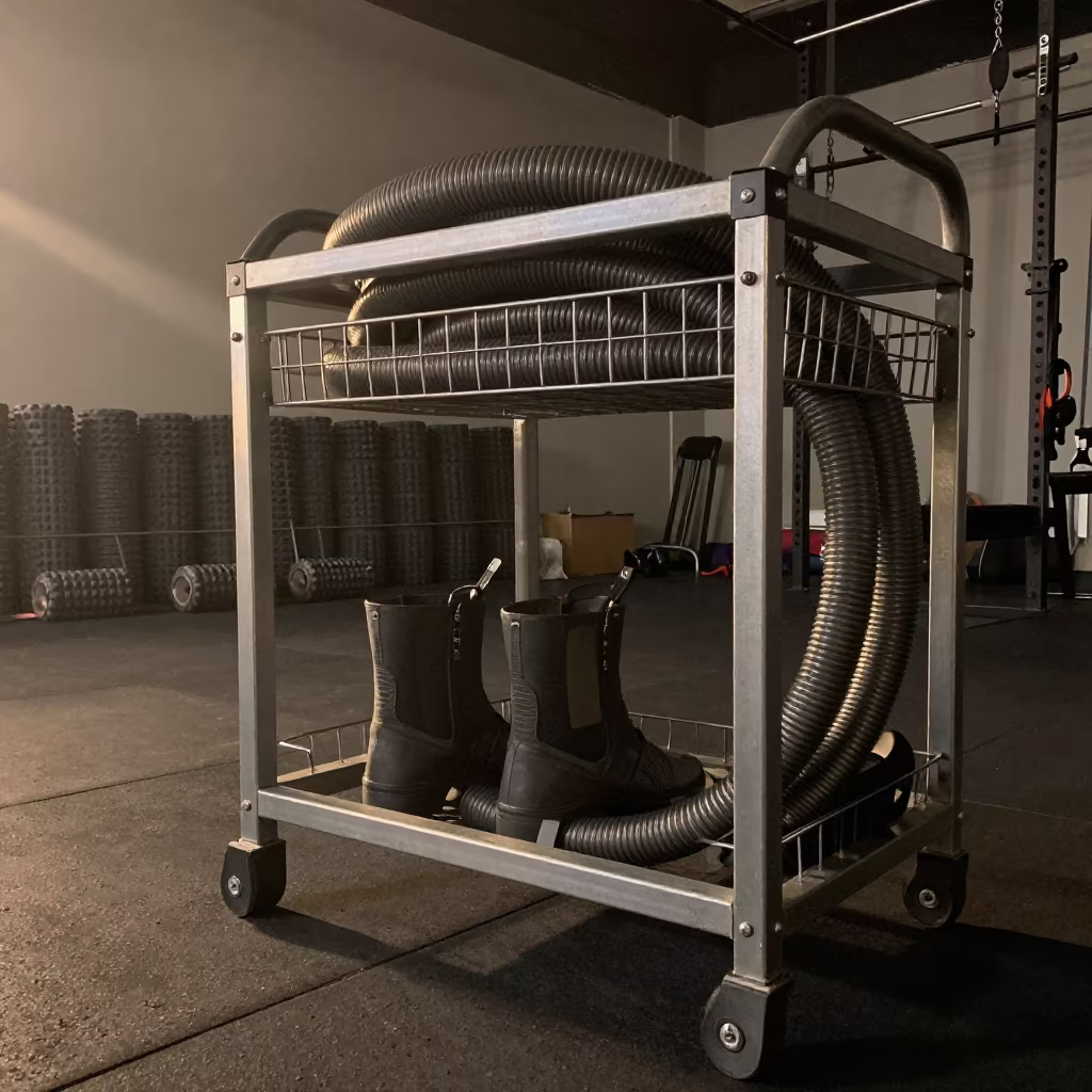Recovery Boot Hose Caddy in Predawn Canberra in inside a recovery lounge beside foam rollers in Canberra