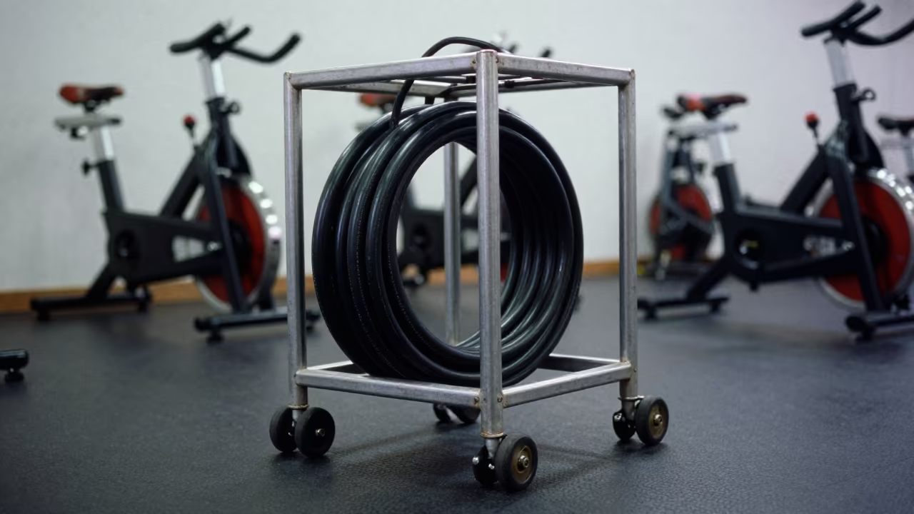 Recovery Boot Hose Caddy in Spin Studio in inside a spin studio under class lights in Taza