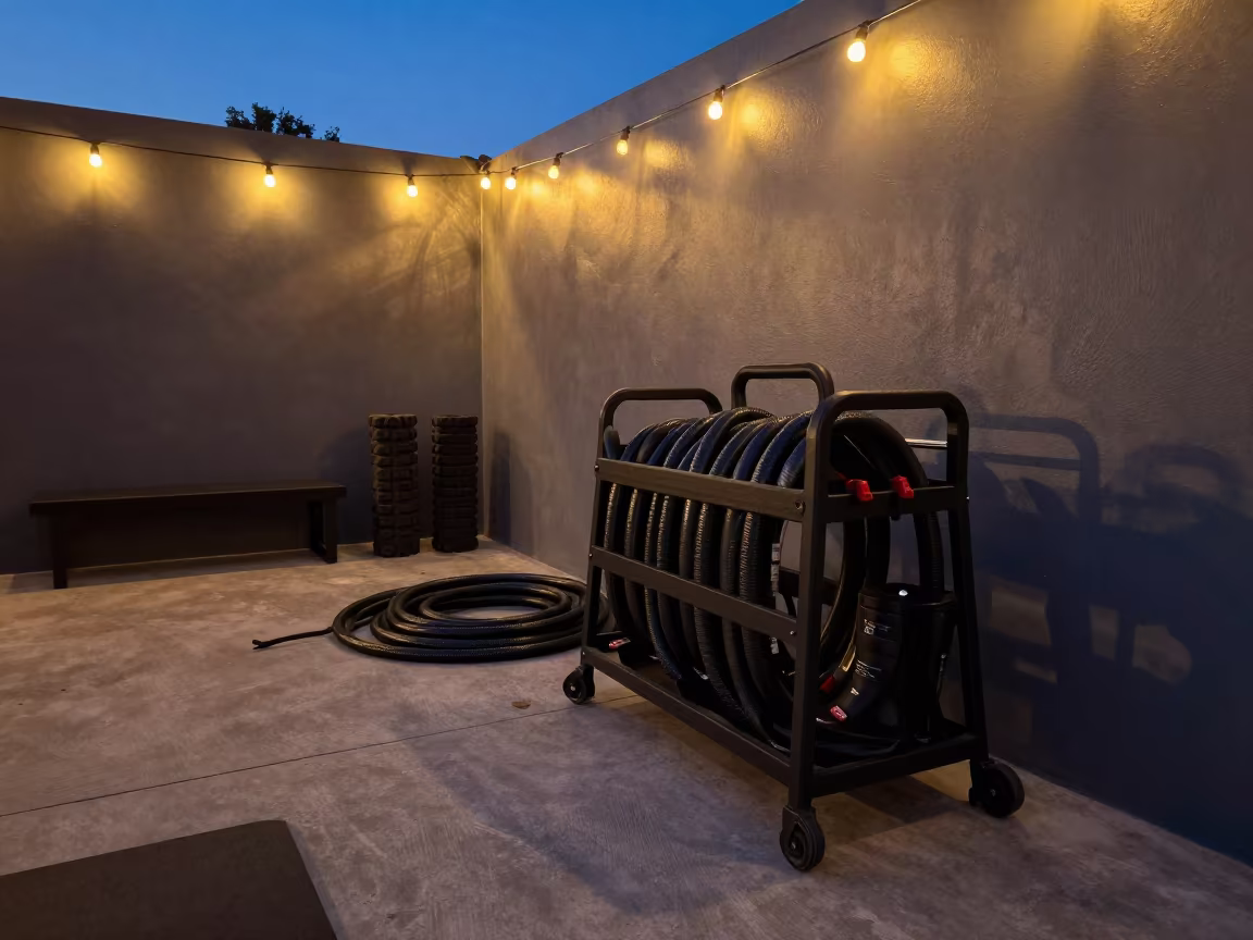 Recovery Boot Hose Caddy Twilight Glow in inside a recovery lounge beside foam rollers near Galle