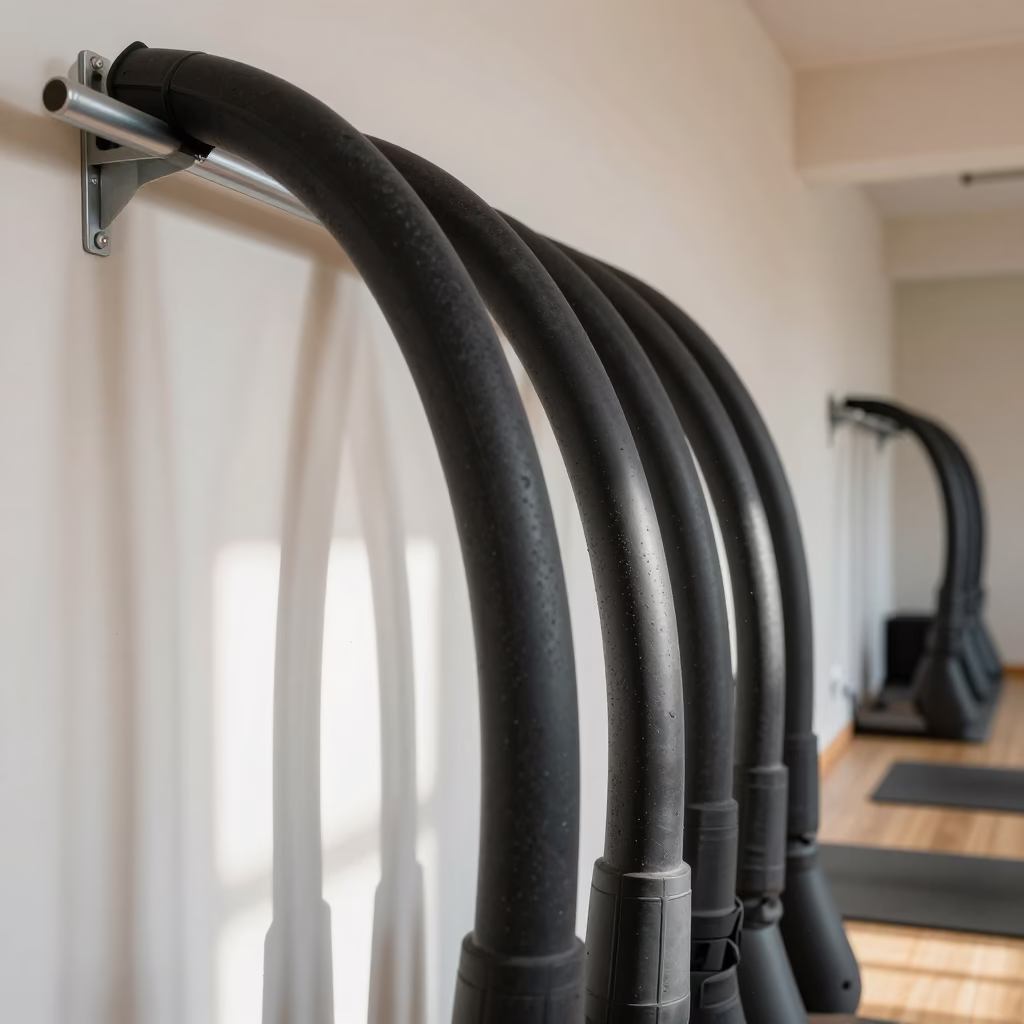 Recovery Boot Hose Clip Rack in Yoga Studio in inside a yoga studio before the session begins in Lahad Datu