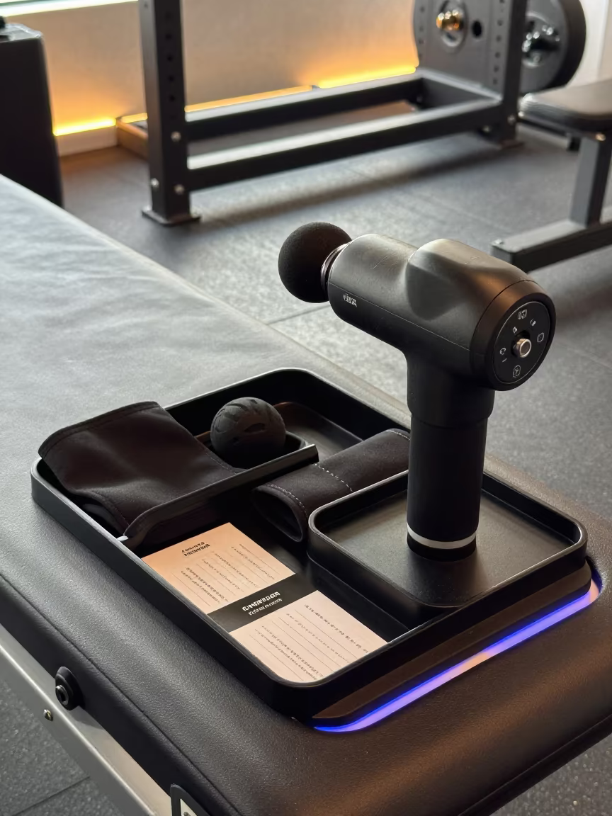 Recovery Counter with Massage Gun Docks in inside a strength room in Southampton