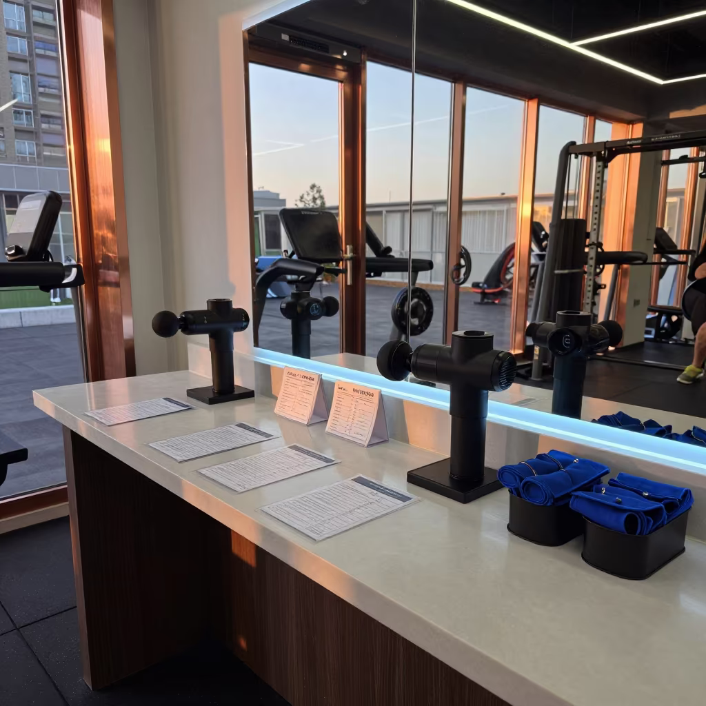Recovery Counter With Massage Guns In Tehran Gym in at a gym check-in desk in Enghelab, Tehran