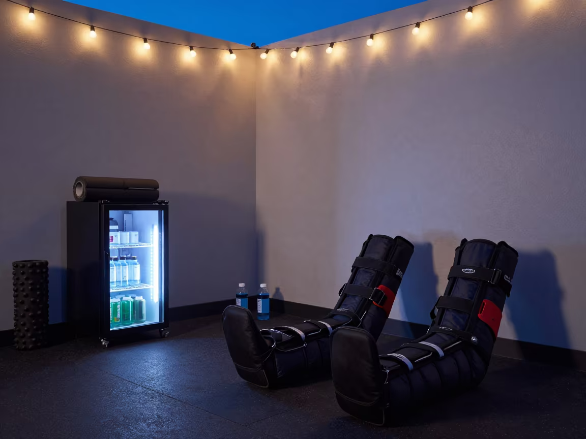 Recovery Lounge with Boots and Bottles at Blue Hour in inside a recovery lounge beside foam rollers near Mbuji-Mayi