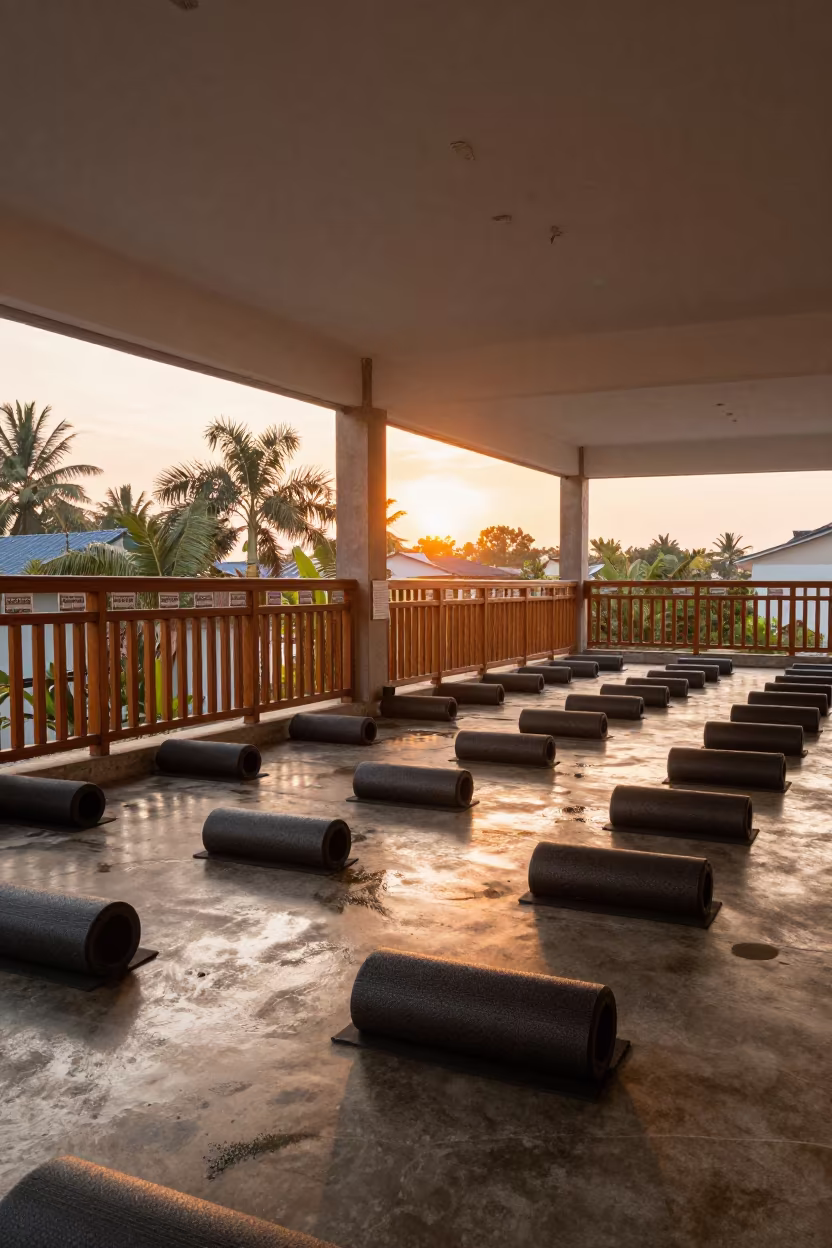 Recovery Lounge Cue Rail Cotonou Sunset in inside a recovery lounge beside foam rollers in Cotonou