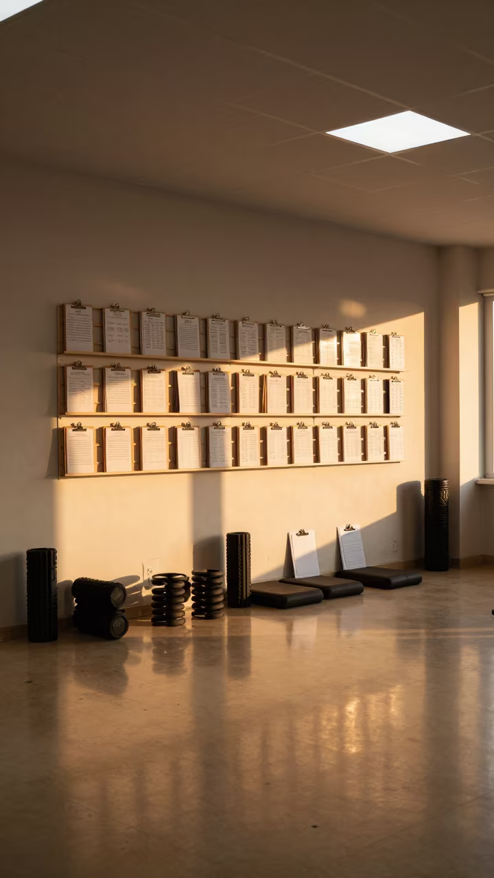 Recovery Lounge Placard Rack with Sunset Reflections in inside a recovery lounge beside foam rollers in Yüksekova district