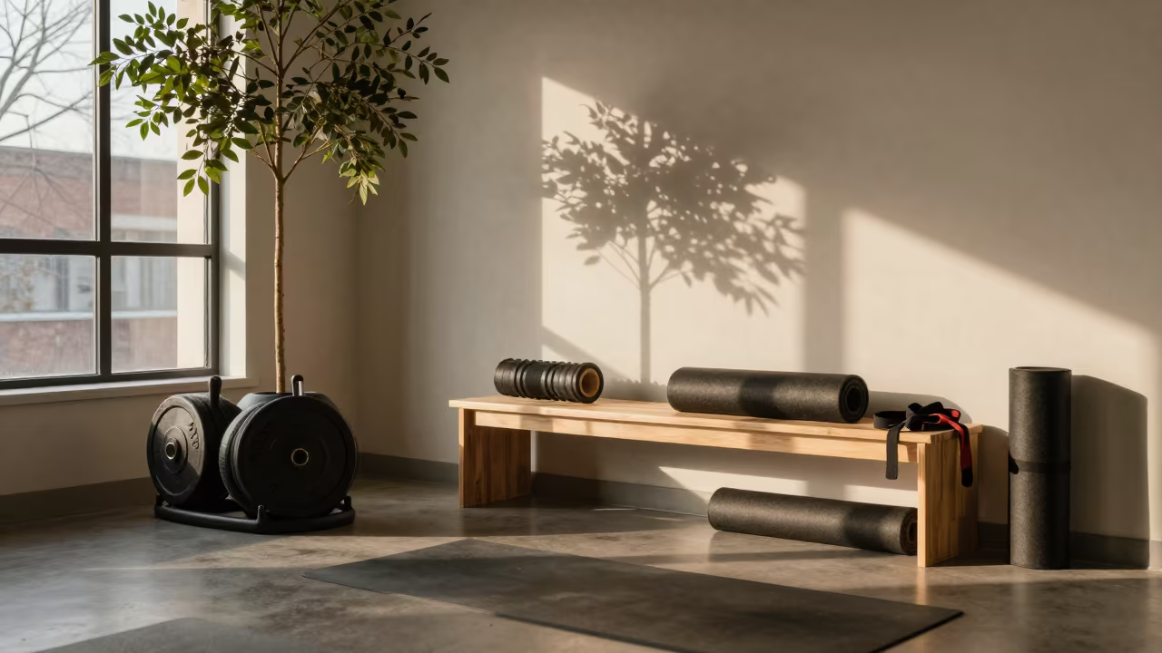 Recovery Lounge Plate Tree After Cleanup in inside a recovery lounge beside foam rollers near Ossington, Toronto