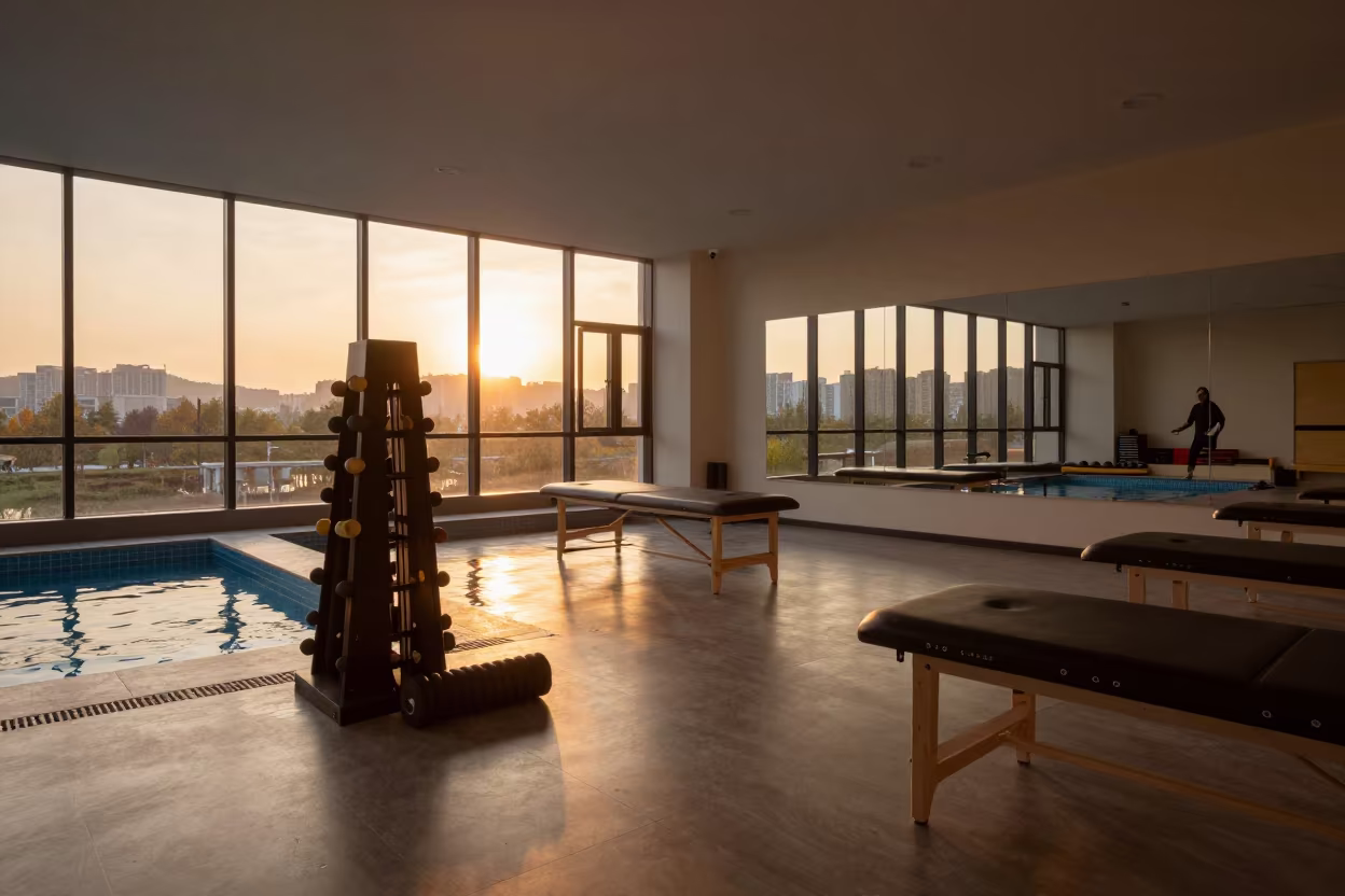 Recovery Percussion Tip Organizer at Wenzhou Sunset in inside a recovery lounge beside foam rollers near Wenzhou