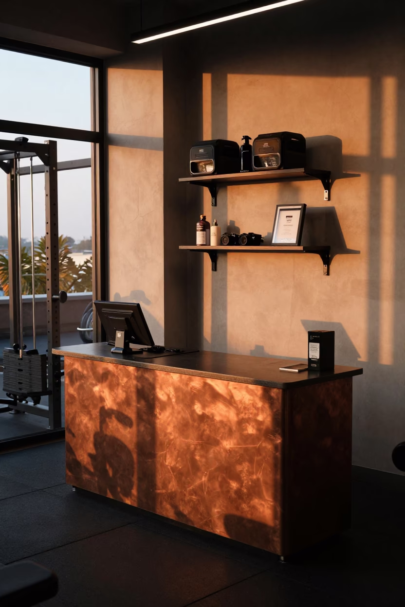 Recovery Sleeve Charger Shelf at Delhi Gym Before Session in at a gym check-in desk near Delhi