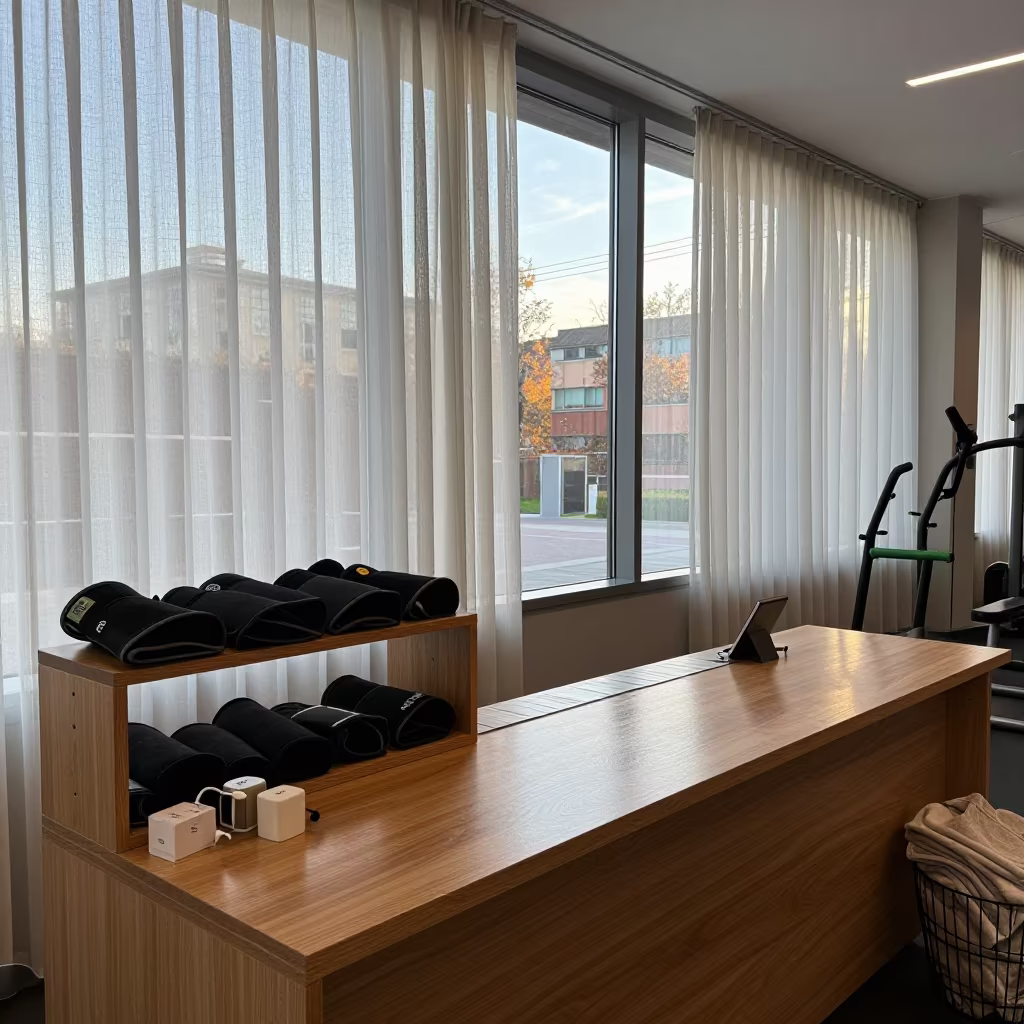 Recovery Sleeve Charger Shelf Morning Light Trieste in at a gym check-in desk in Trieste