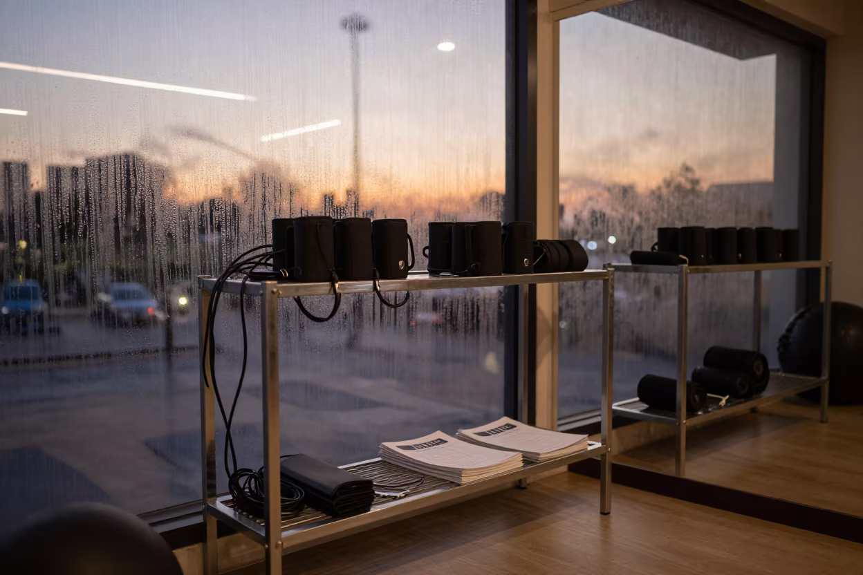 Recovery Sleeve Charger Shelf Twilight Studio in inside a yoga studio before the session begins near Khartoum