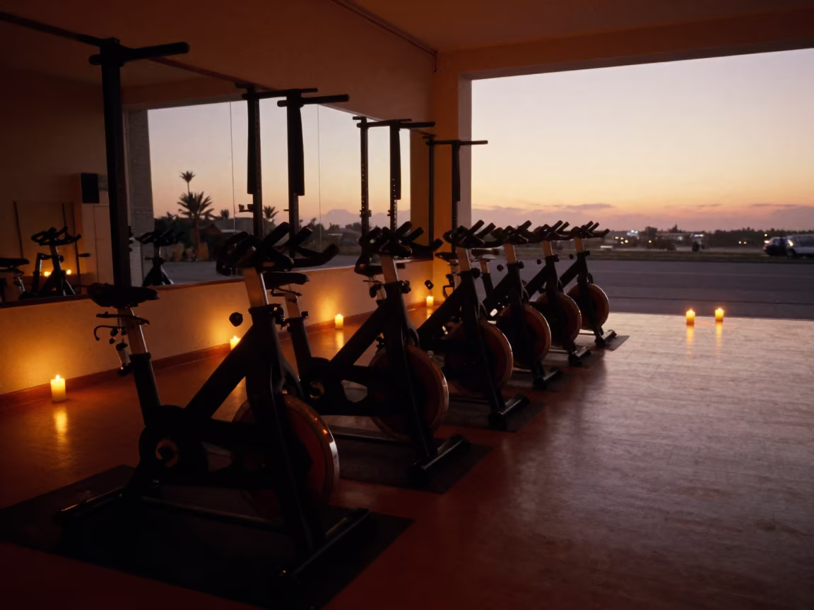 Recovery Strap Rack in Suez Spin Studio in inside a spin studio under class lights in Suez