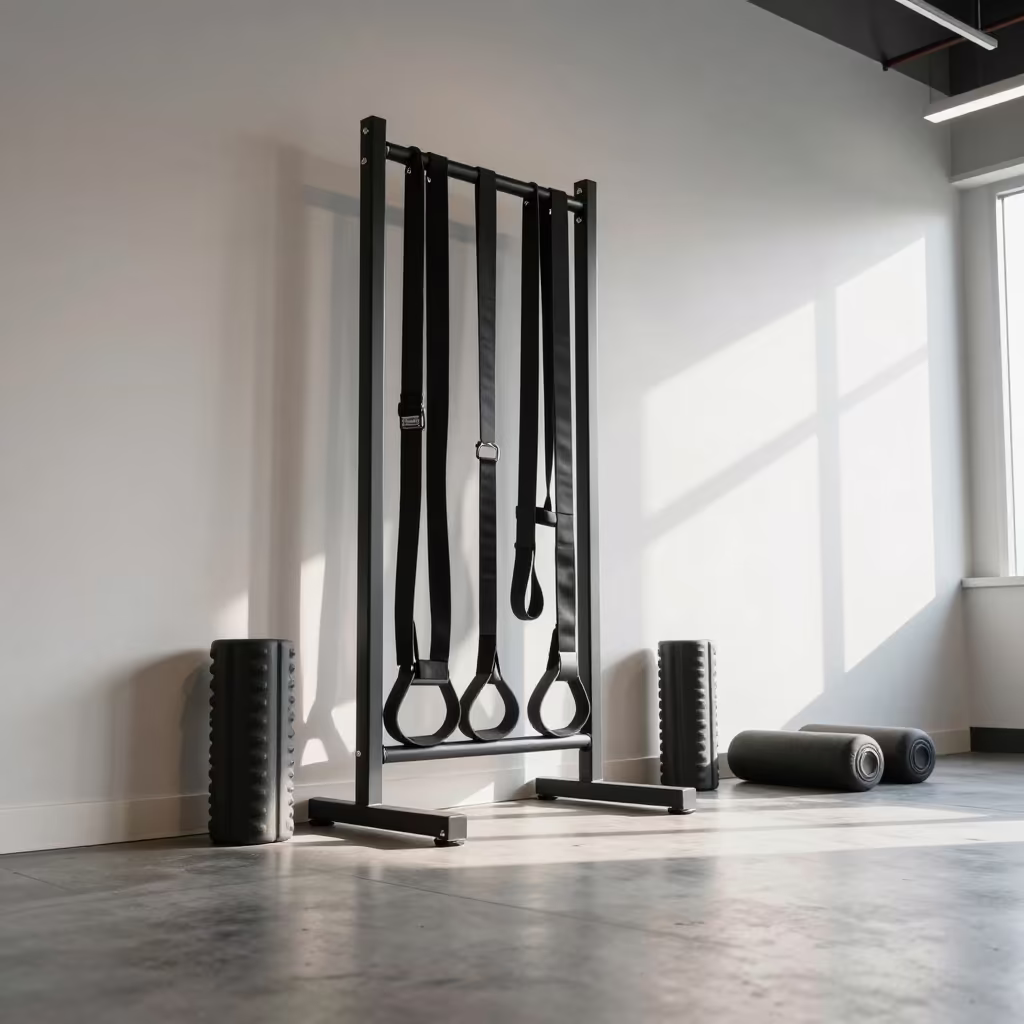 Recovery Strap Rack in Yorkville Lounge in inside a recovery lounge beside foam rollers in Yorkville, Toronto