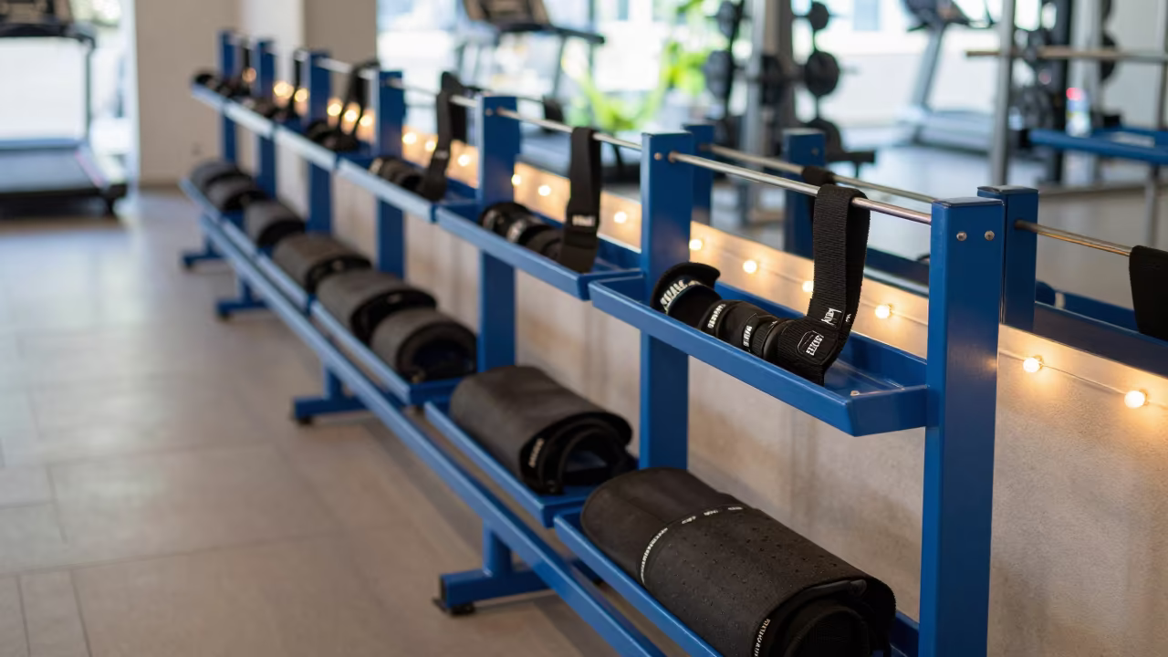 Recovery Straps on Gym Desk Before Class in at a gym check-in desk near Sullana