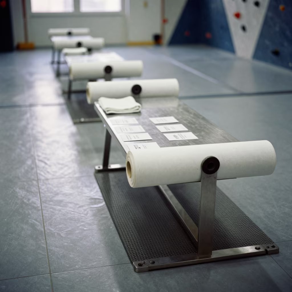 Recovery Table Stand in Bilbao Climbing Gym in inside a climbing gym warmup zone in Bilbao