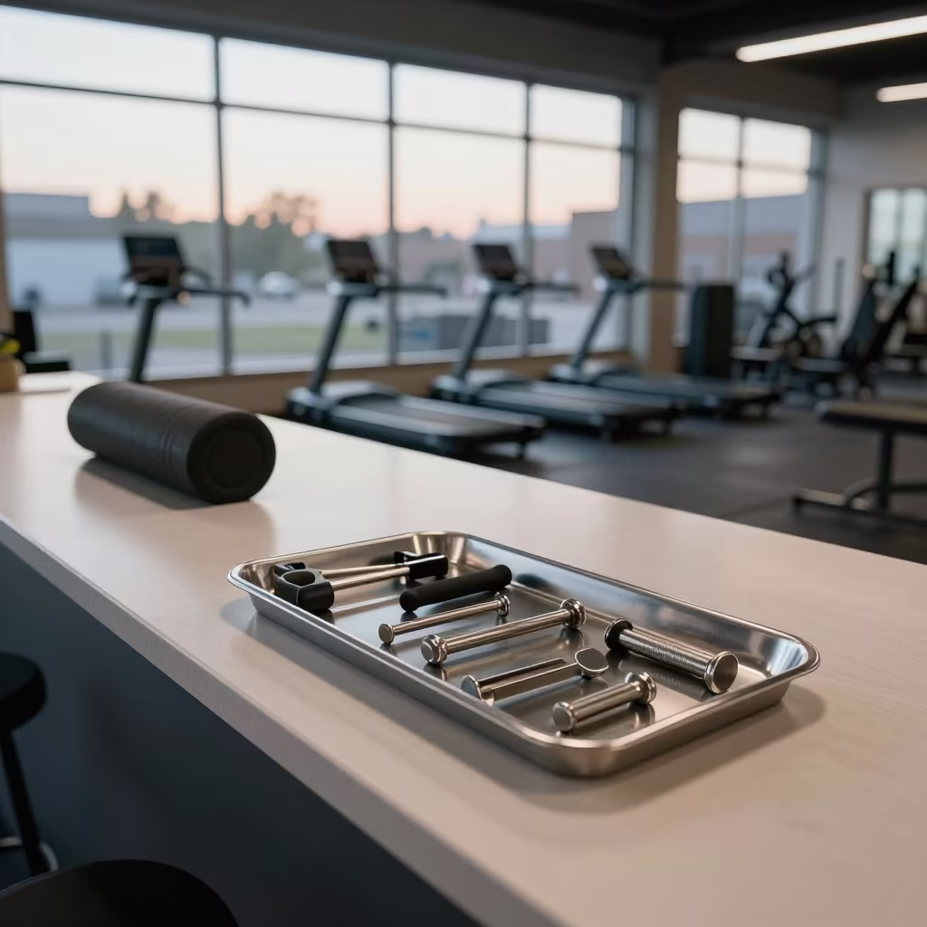 Recovery Tray in Dawn Light Houston Fitness Lounge in inside a recovery lounge beside foam rollers in Houston