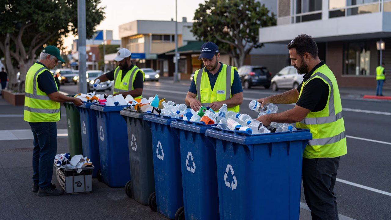 Recycling Bins in Adelaide at Sunrise Light in in Adelaide, South Australia, Australia
