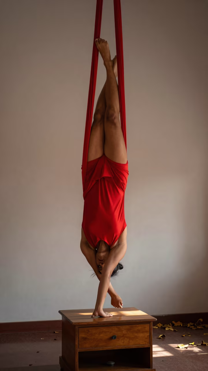 Red Aerial Silks Spiral on Kochi Nightstand in on a bedside table in Kochi