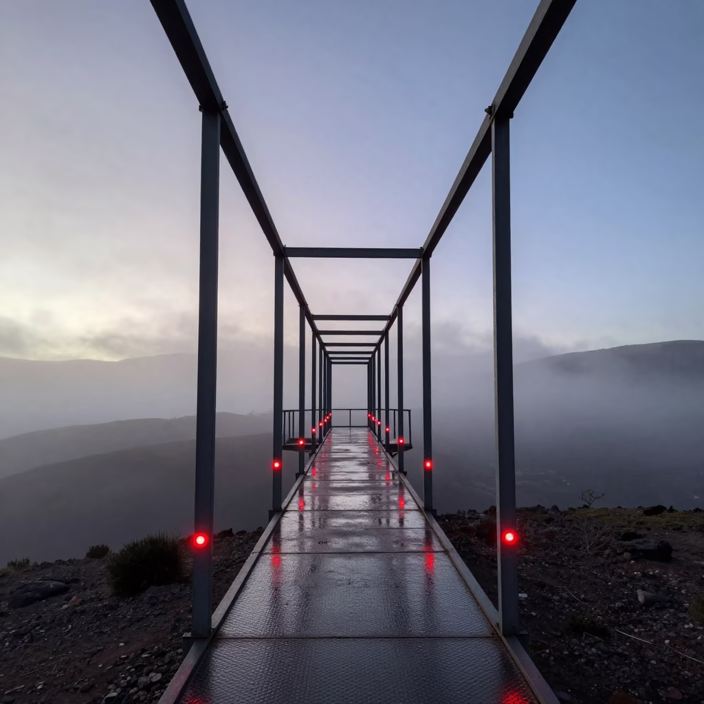 Red Alignment Bulbs on Observatory Catwalk Above Foggy Valley in beside an observatory dome in Bolivia