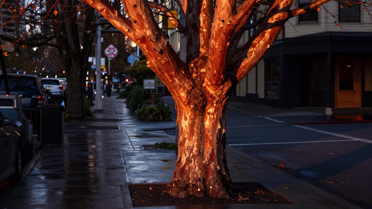 Red Bark in Seattle at Copper-toned Light Before Dusk in in Seattle, Washington, United States