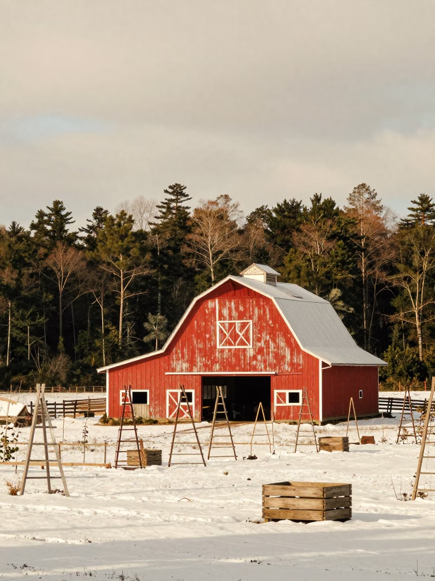 Red Barn in Amazon Rainforest Rainy Season in among orchard ladders and crates in Amazonas