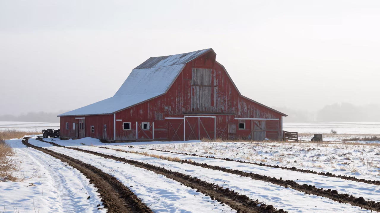 Red Barn Silhouette in Foggy Trujillo Field in beside a tractor track through dark soil in Trujillo