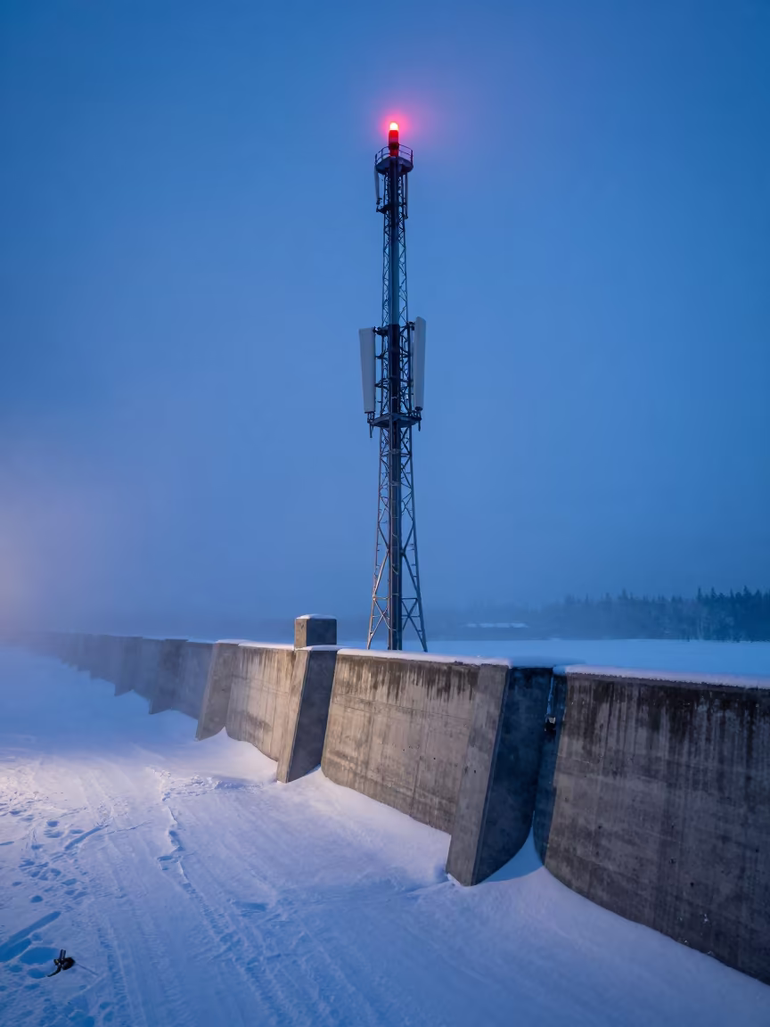 Red Beacon on Finnish Storm Barrier in Snow in beside a storm surge barrier in Finland