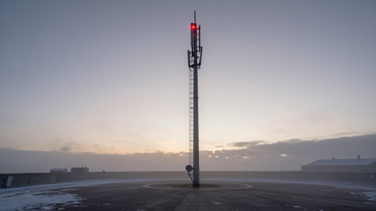 Red Beacon on Mast in Reykjavik Snow in beside a water tower ladder in Reykjavik