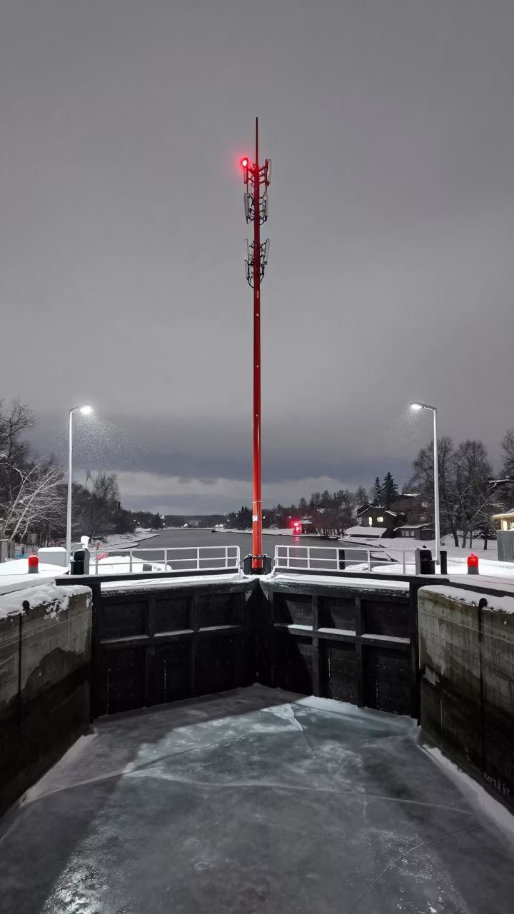 Red Beacon on Telecommunication Mast in Swedish Snow in at a canal lock chamber in Sweden