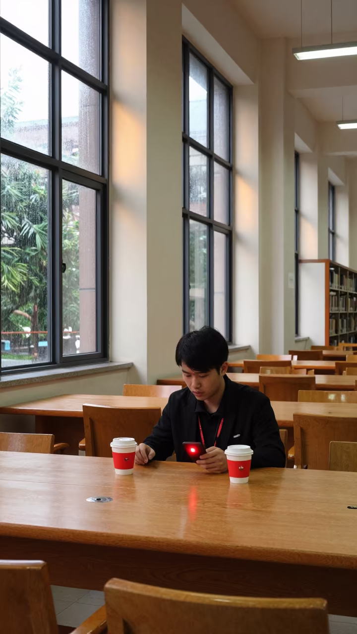 Red Blinking Recorder Between Coffee Cups Library in inside a campus library reading room in Fuzhou