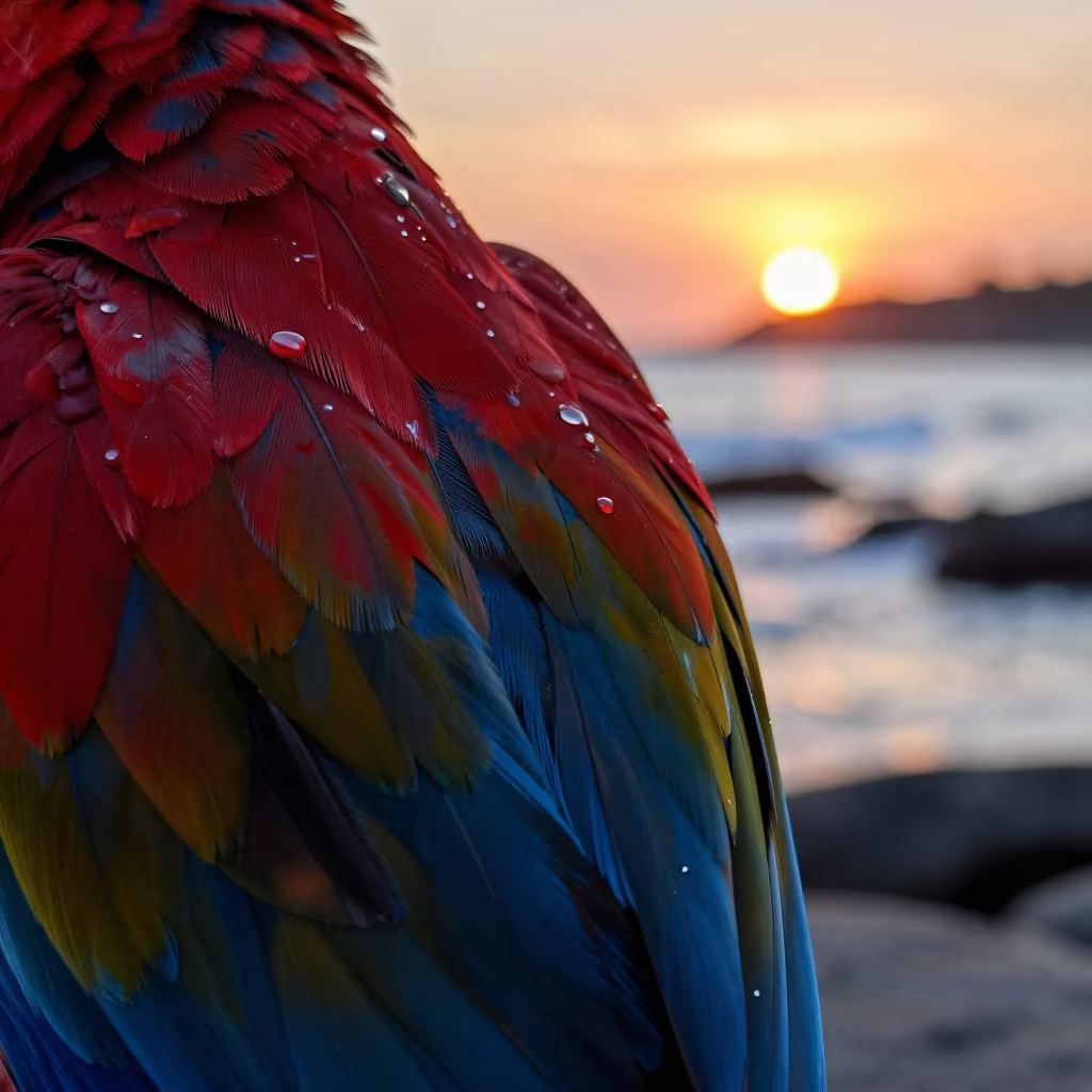 Red and Blue Parrot Feather at Sunset in above a glacial stream near Mombasa