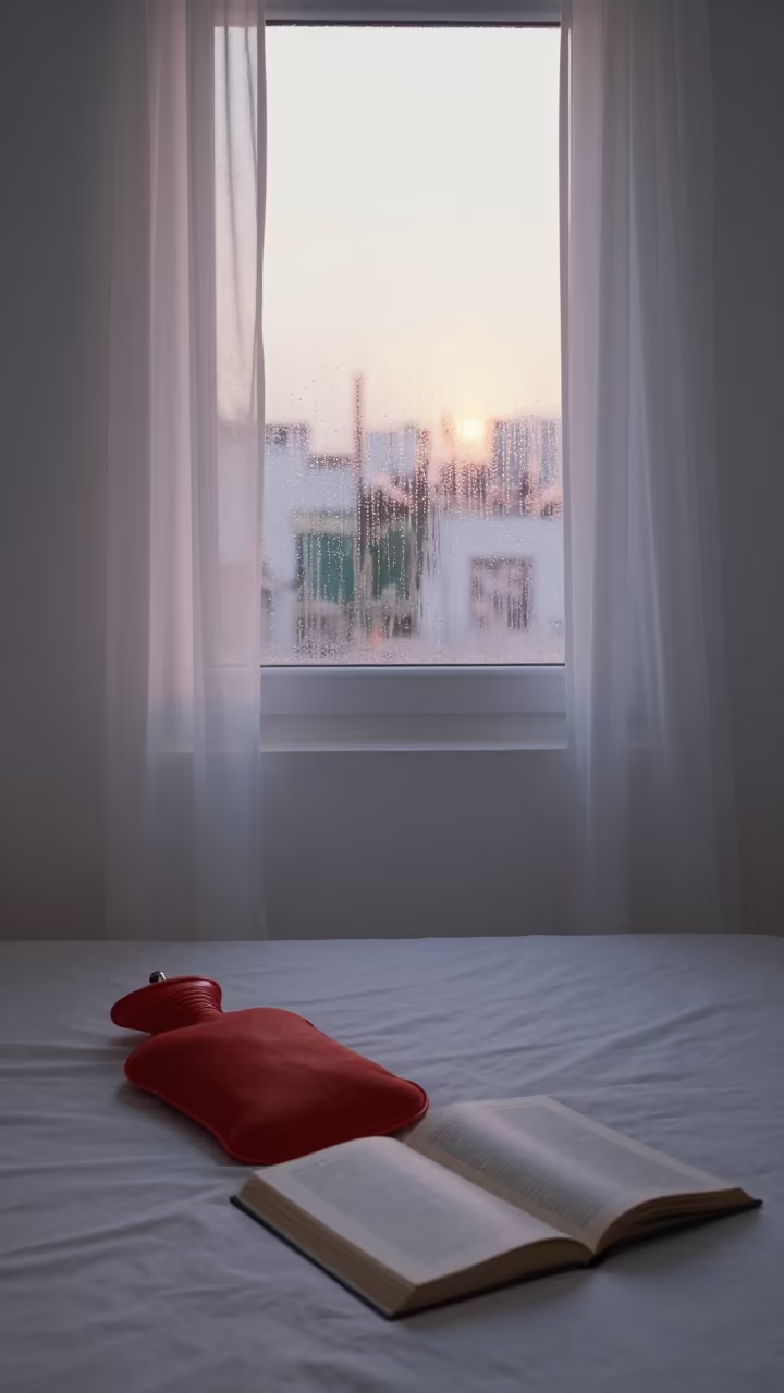 Red Bottle and Book on Bed at Dawn in in a cozy kitchen in Kenitra