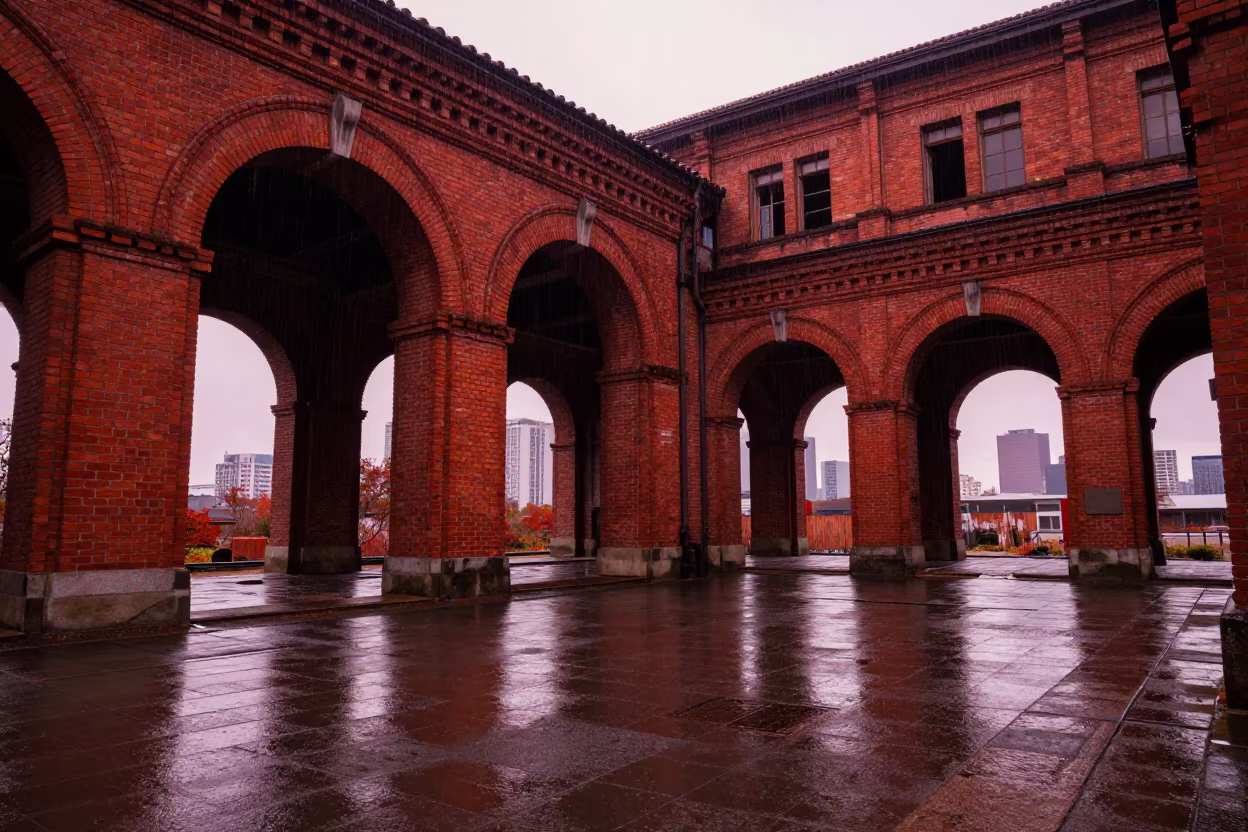 Red Brick Arches Glowing After Sunset Rain in through an abandoned ceremonial court near Odaiba, Tokyo