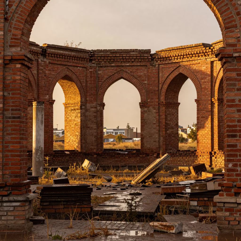 Red Brick Arches After Sunset Rain in Turkmenabat in among toppled columns and nettles near Türkmenabat