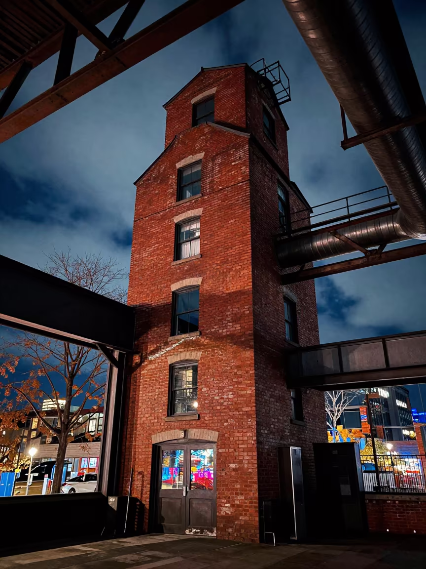Red Brick Warehouse Loft Night Neon in inside a grain elevator near Adelaide