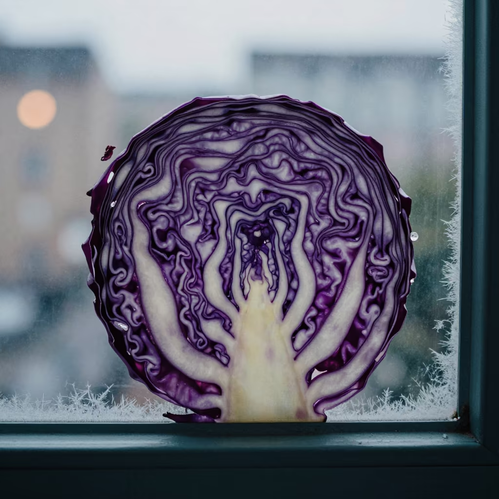 Red Cabbage Cross Section Macro on Window in along a frost-edged windowpane in Santo Domingo