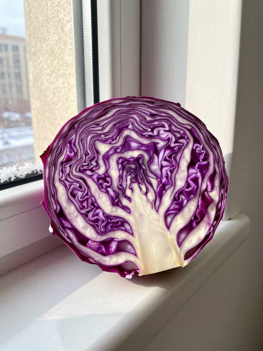 Red Cabbage Cross Section Purple Spirals in along a frost-edged windowpane near Beijing