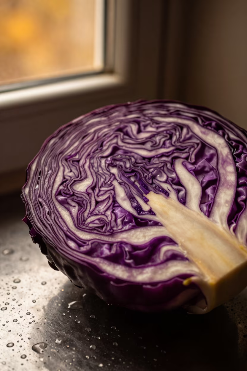 Red Cabbage Cross Section Purple Spirals in across a rain-beaded metal surface in Tirana