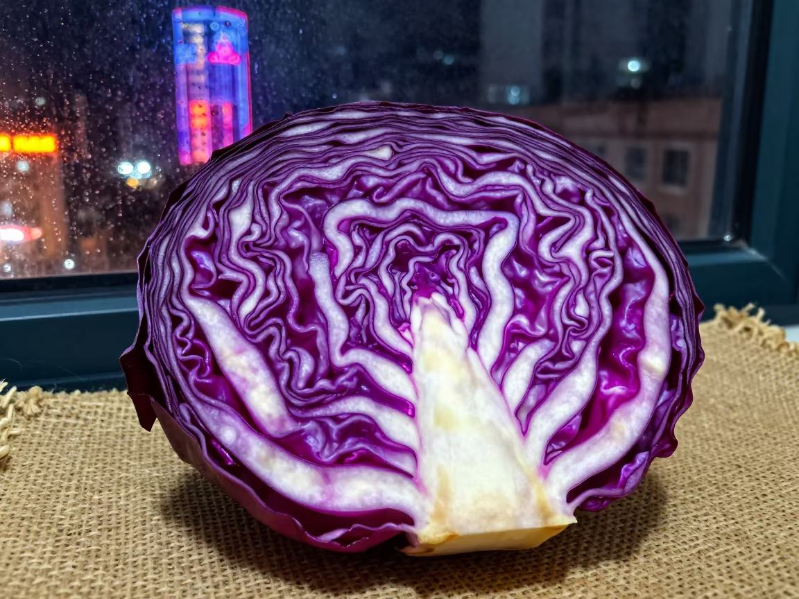 Red Cabbage Veins Glow Stained Glass Qingdao in against woven linen fibers in Qingdao