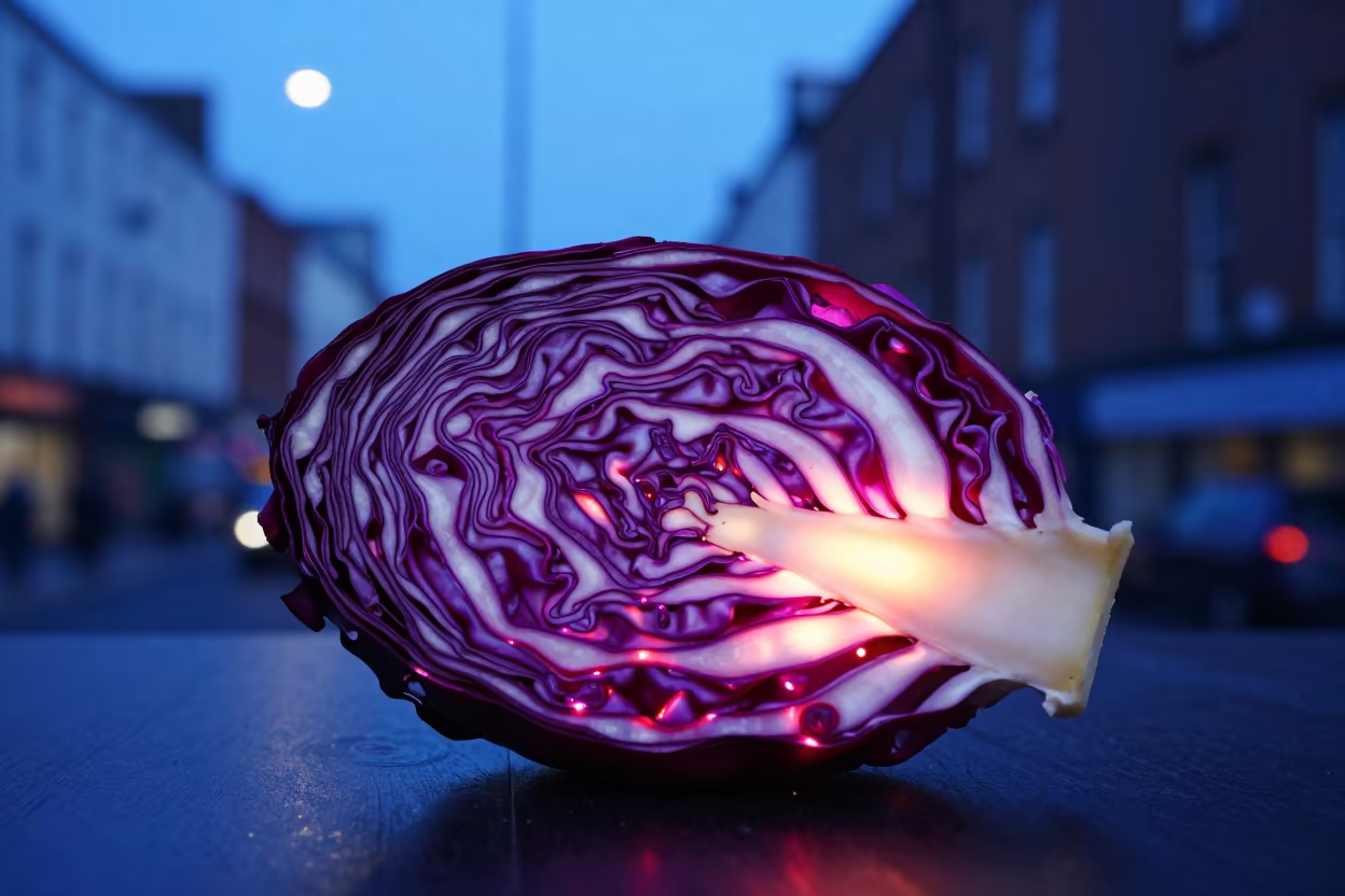 Red Cabbage Veins Glowing Like Stained Glass in inside a seed pod split open near Dublin