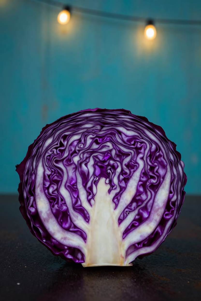 Red Cabbage Veins Glowing Turquoise Kaolack in against weathered turquoise paint in Kaolack