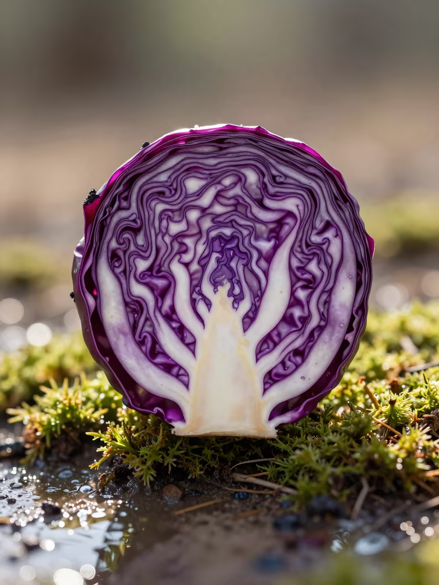 Red Cabbage Veins Stained Glass Moss in on dew-soaked moss in Ondjiva