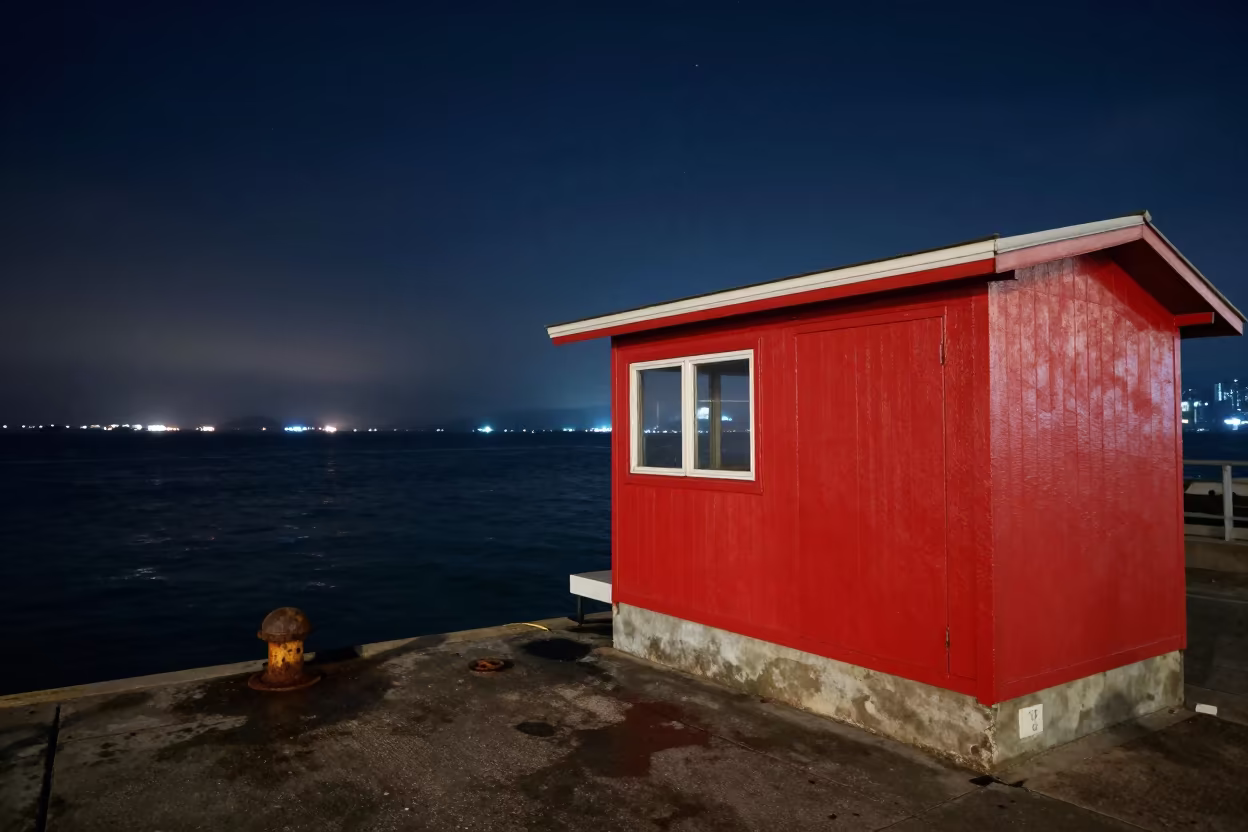 Red Cabin on Hong Kong Quay at Night in at a harbor quay near Hong Kong